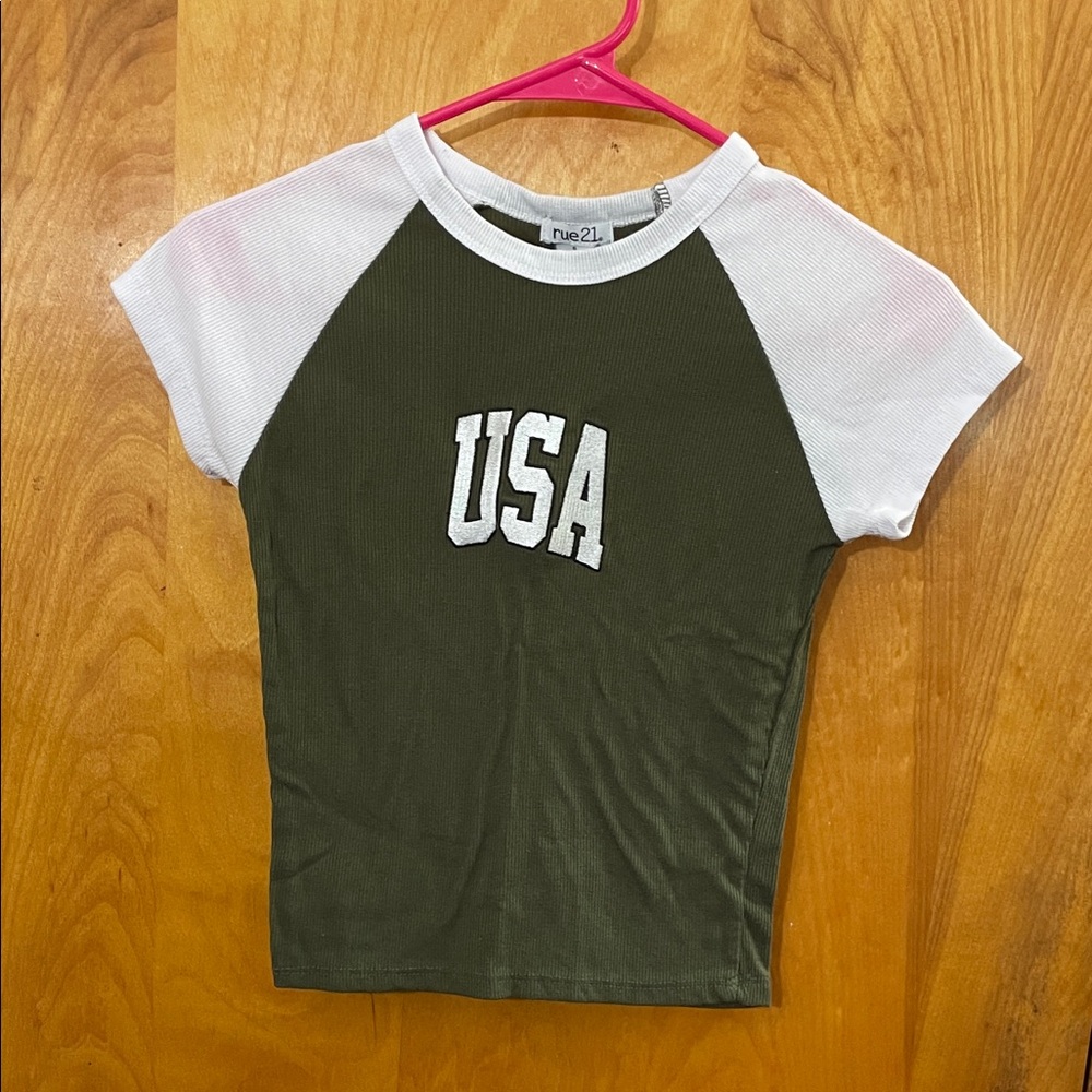 Rue21 Women’s Olive and White USA Baby Tee
